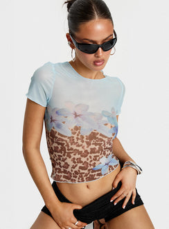 front view of model wearing Princess Polly Pop Quiz Mesh Top Blue / Leopard Short Sleeves Crew Neck 