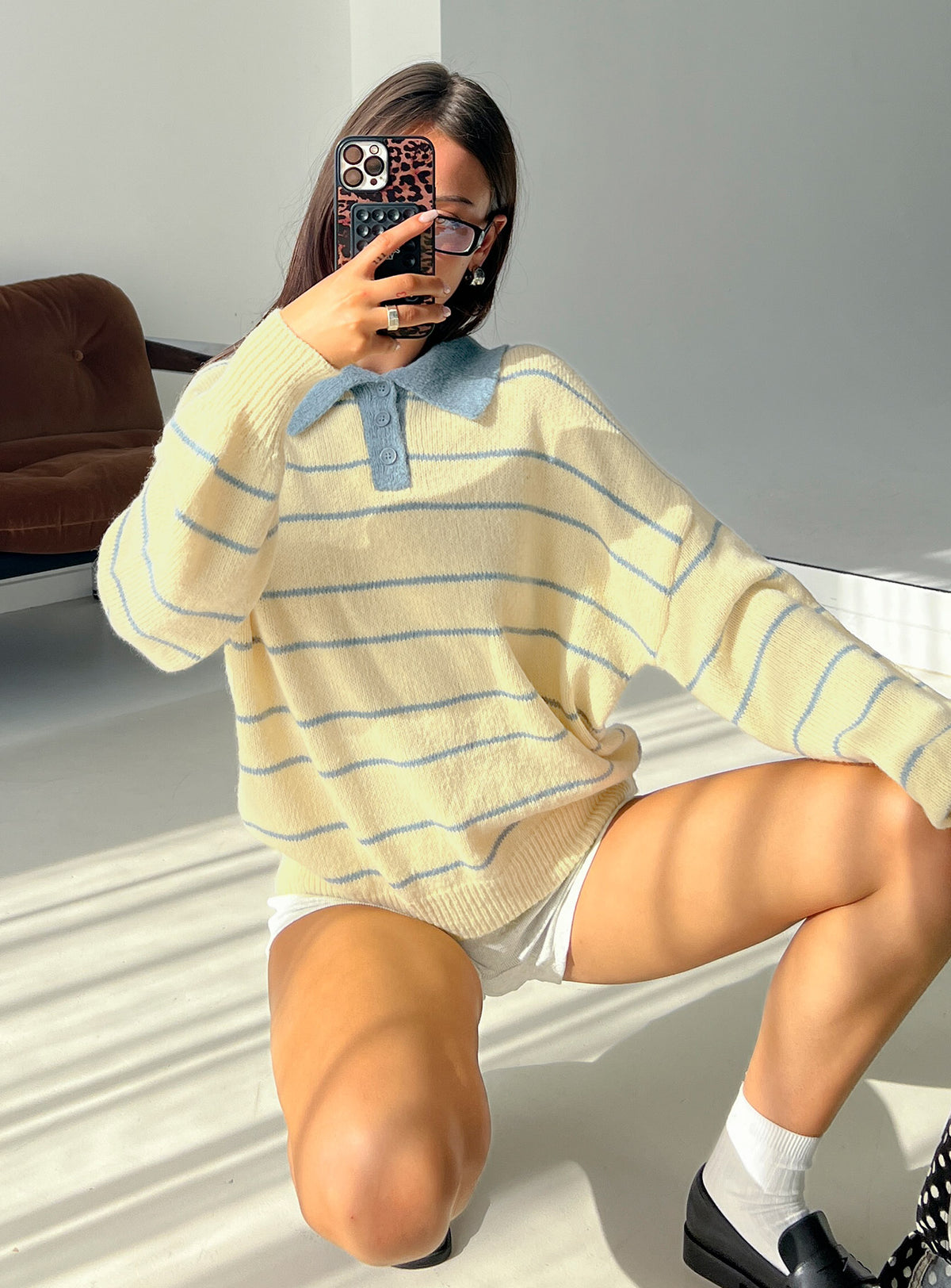 back view of model wearing Princess Polly Minda Collared Knit Sweater Yellow Stripe Jumpers 
