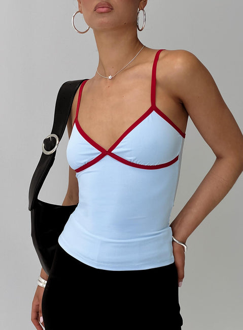 back view of model wearing Princess Polly Tiera Top Blue / Red Sleeveless V-Neck 