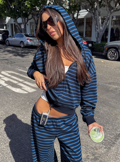 Featuring the Delaeni Zip Through Hoodie Blue Stripe womens-jumpers in short length side view of model wearing Princess Polly