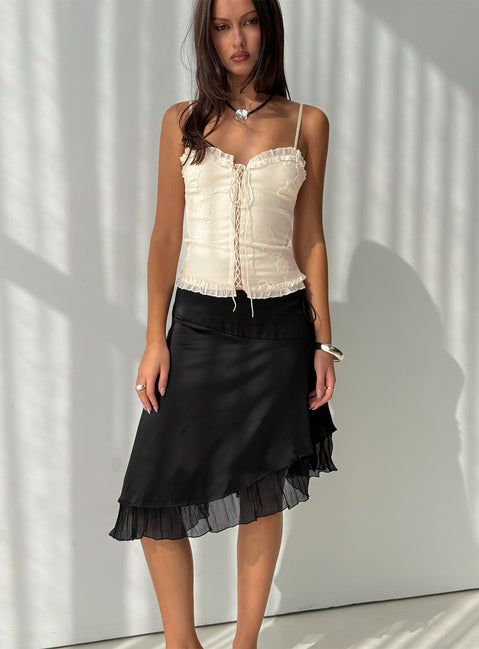   front view of model wearing Princess Polly Rosemead Satin Midi Skirt Black Midi Skirts Skirts 