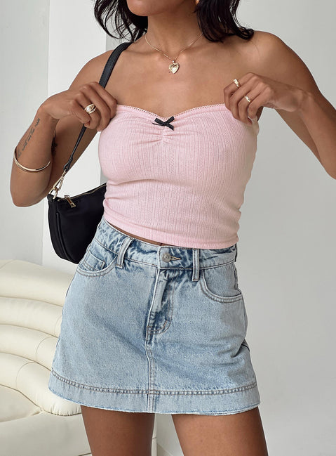 front view of model wearing Princess Polly Heuston Skort Denim High Waisted Shorts 