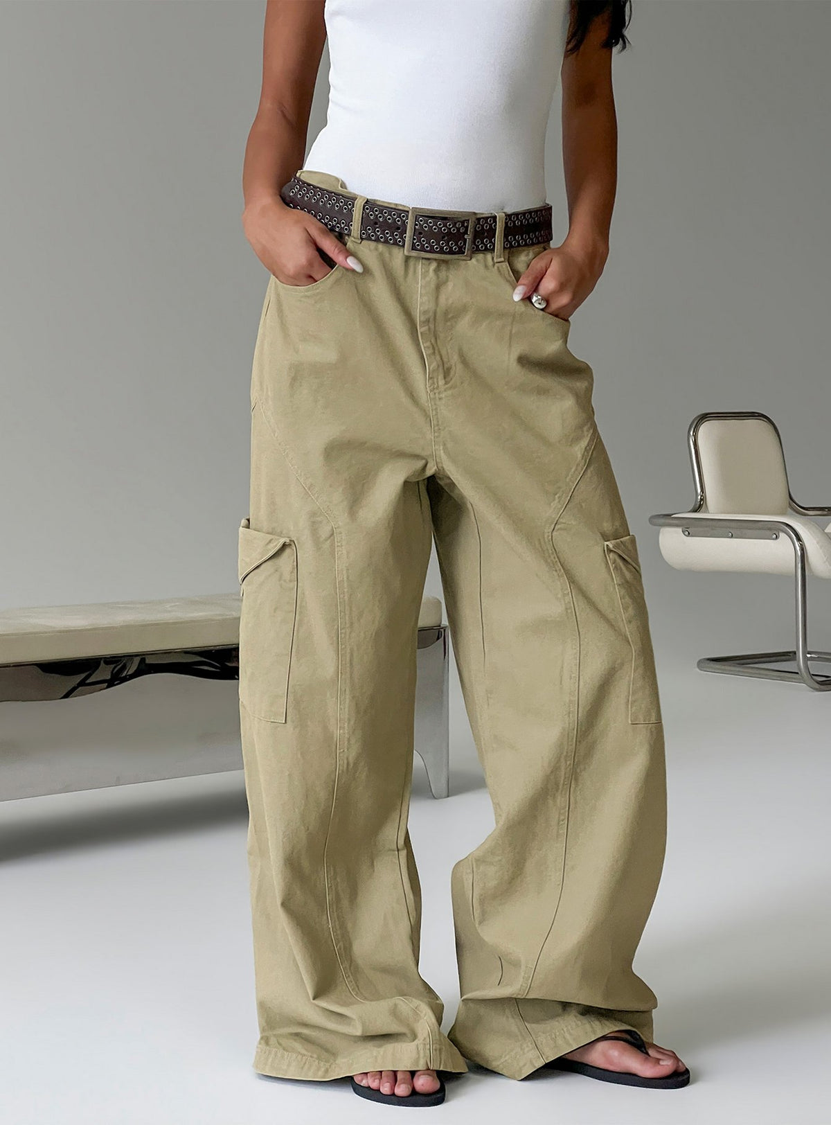 Showcasing the Sylene Pocket Detail Cargo Pants Khaki in womens-regular-pants with high-rise front view of model wearing Princess Polly