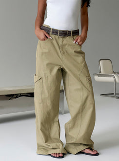 Showcasing the Sylene Pocket Detail Cargo Pants Khaki in womens-regular-pants with high-rise front view of model wearing Princess Polly