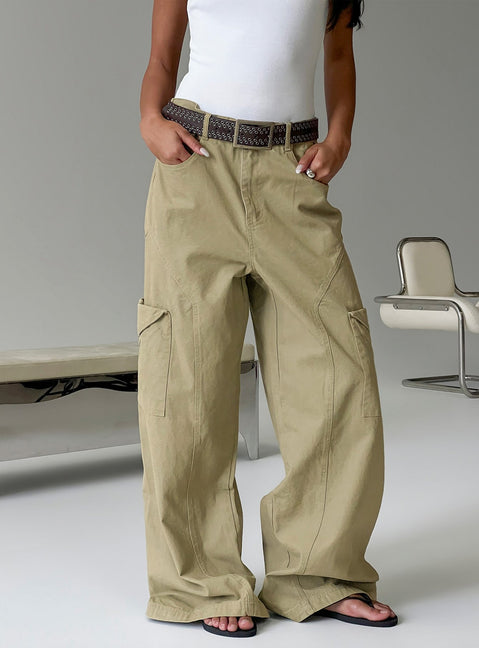 Showcasing the Sylene Pocket Detail Cargo Pants Khaki in womens-regular-pants with high-rise front view of model wearing Princess Polly