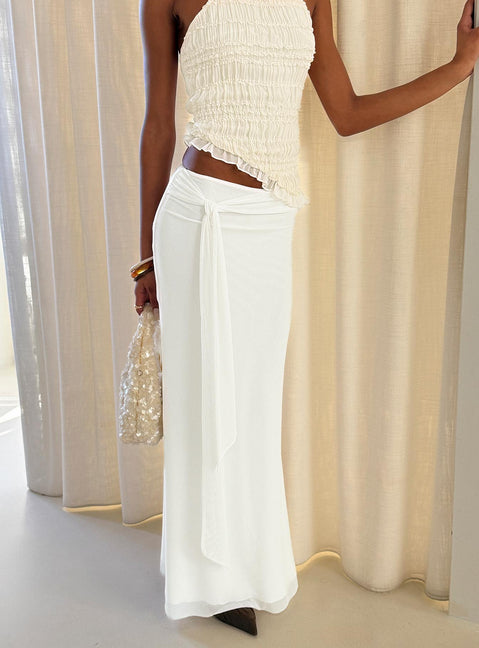 back view of model wearing Princess Polly Caviar Tie Maxi Skirt White Maxi Skirts Skirts 