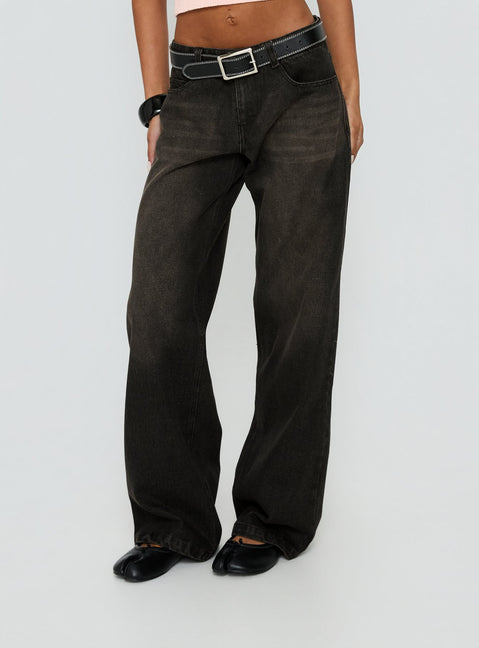 front view of model wearing Princess Polly Korinne Low Rise Baggy Jeans Washed Charcoal Low Rise Jeans Jeans 