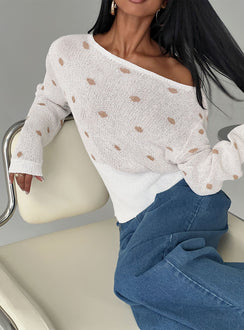front view of model wearing Princess Polly Harvy Off Shoulder Knit Sweater White Polka regular Jumpers 
