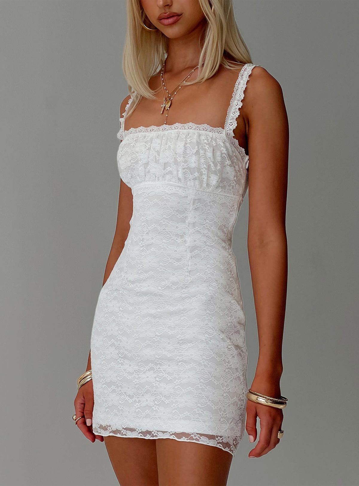 back view of model wearing Princess Polly Wignall Mini Dress White Square Neck 