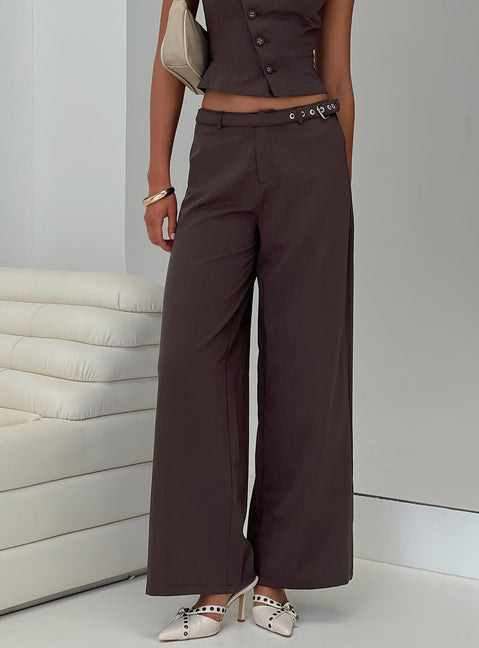 side view of model wearing Princess Polly Miku Pants Brown Mid Rise Pants Pants 
