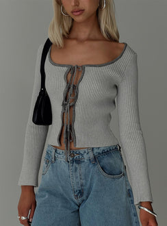 front view of model wearing Princess Polly Tahlea Long Sleeve Top Grey Full Sleeves Scoop Neck 