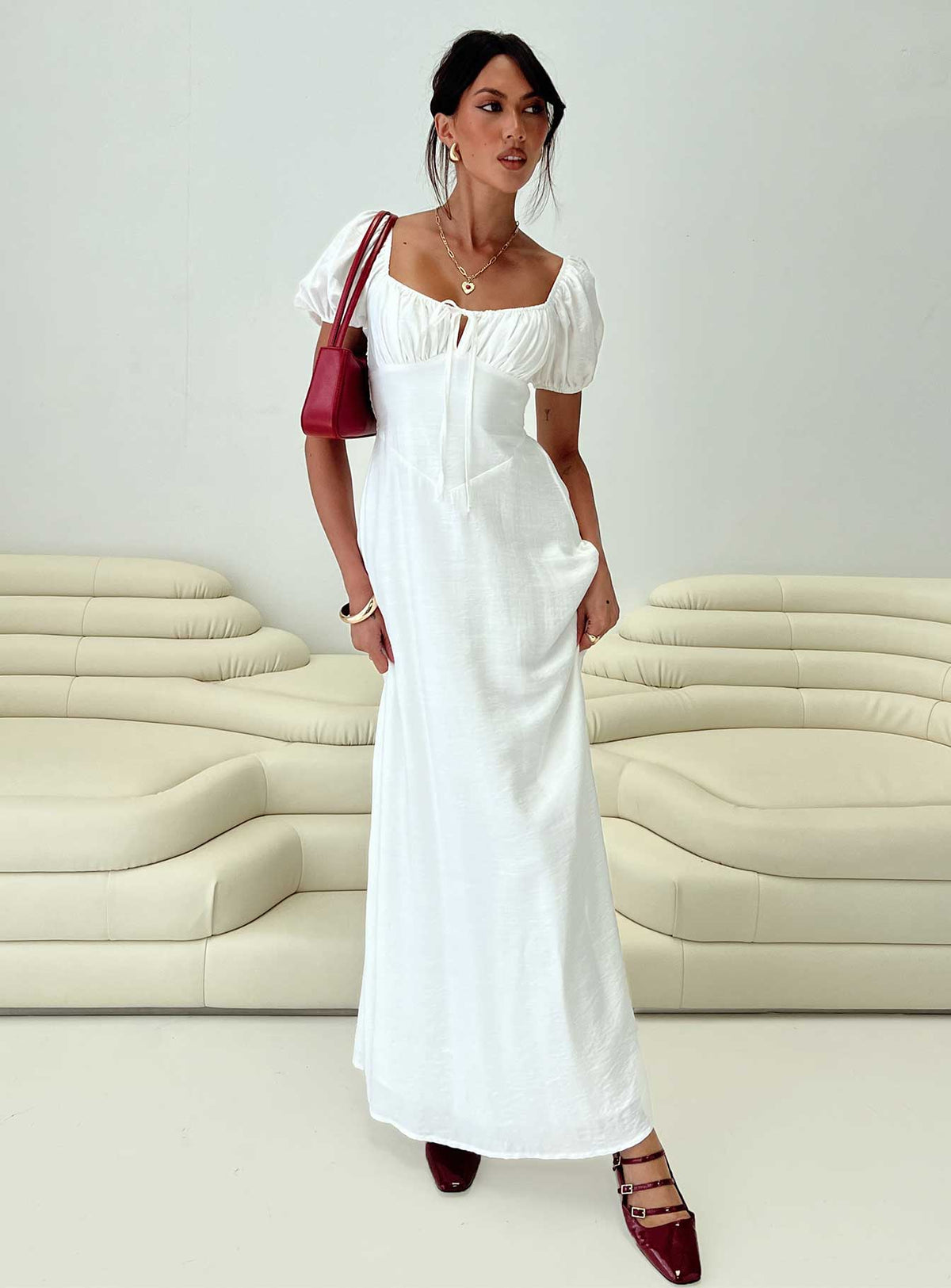 front view of model wearing Princess Polly Summer Song Maxi Dress White Scoop Neck 
