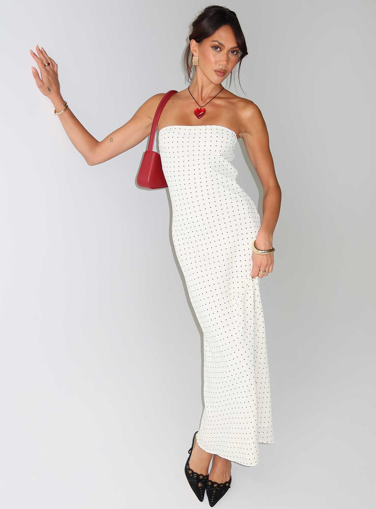 back view of model wearing Princess Polly Just For Fun Strapless Maxi Dress White Polka Dot Straight Neck 