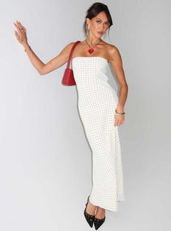 back view of model wearing Princess Polly Just For Fun Strapless Maxi Dress White Polka Dot Straight Neck 