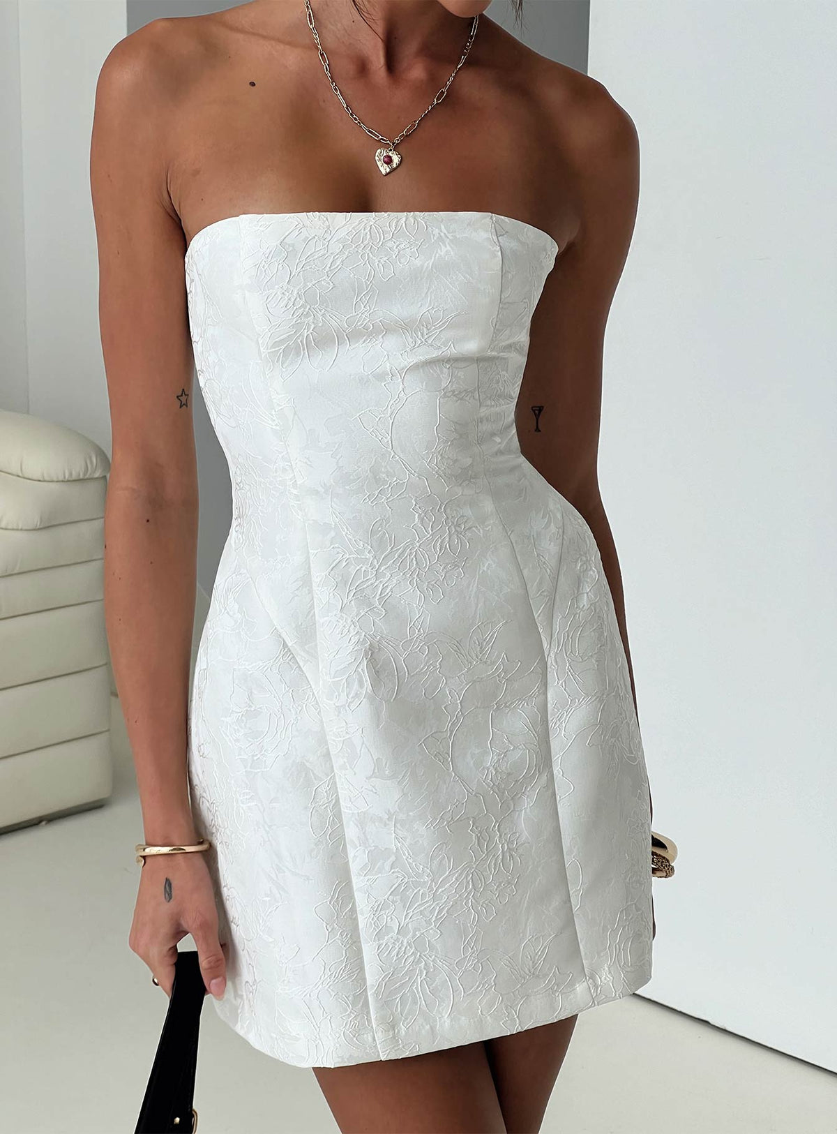 back view of model wearing Princess Polly Heaven Sent Strapless Mini Dress White Straight Neck 