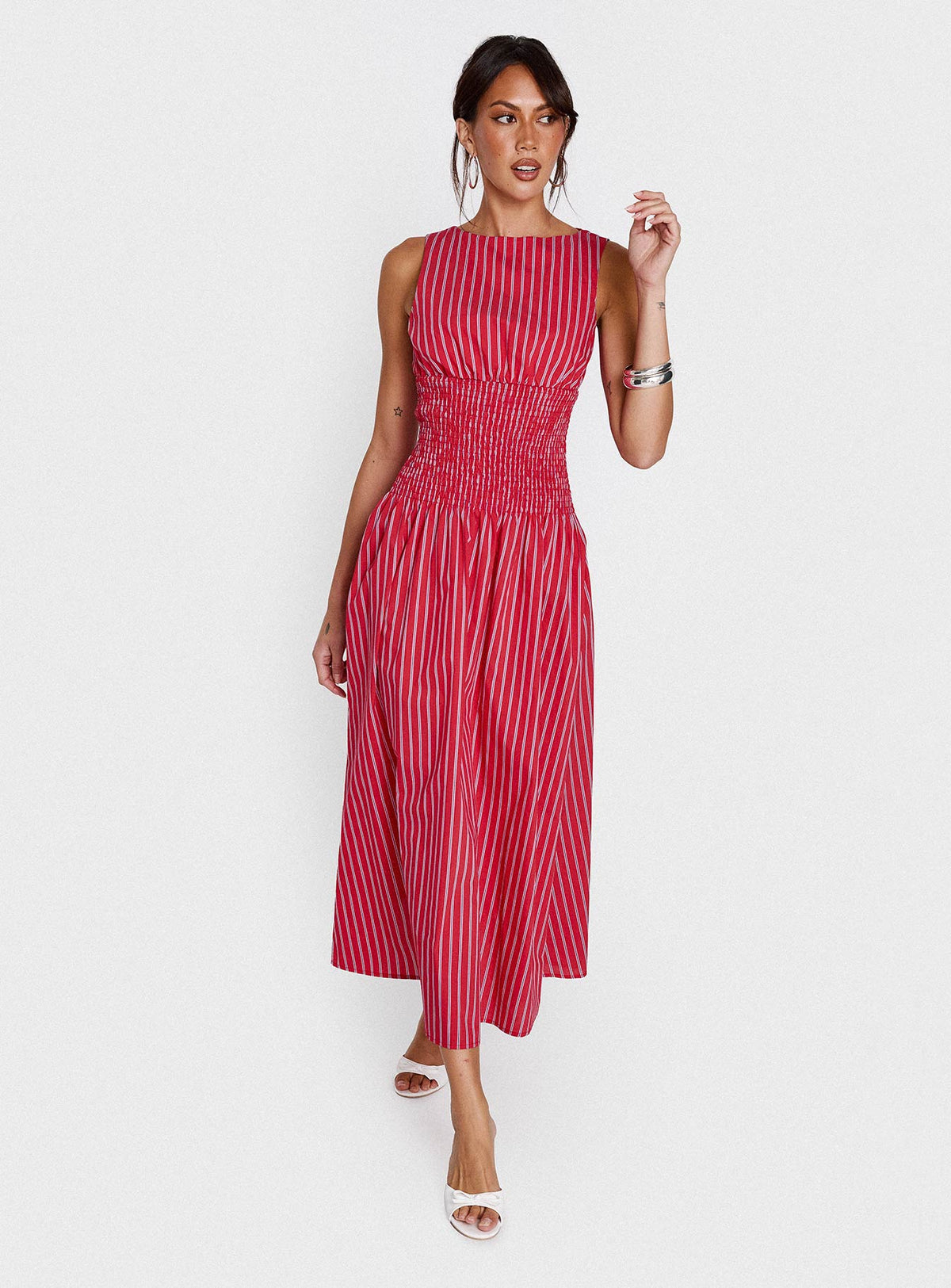side view of model wearing Princess Polly Lilienne Cotton Poplin Maxi Dress Red Stripe Crew Neck 