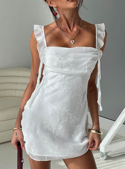 front view of model wearing Princess Polly Lanai Mini Dress White Floral Square Neck 