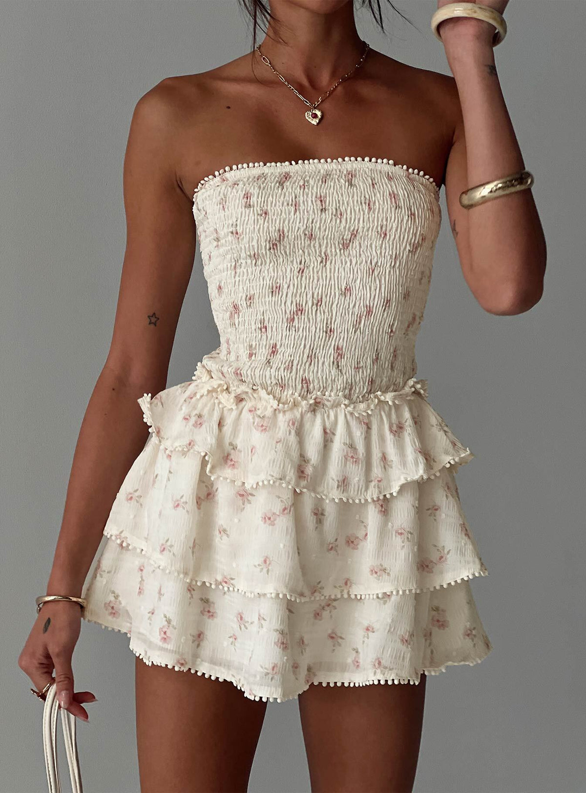 back view of model wearing Princess Polly Sunkiss Frill Mini Dress Floral Straight Neck 
