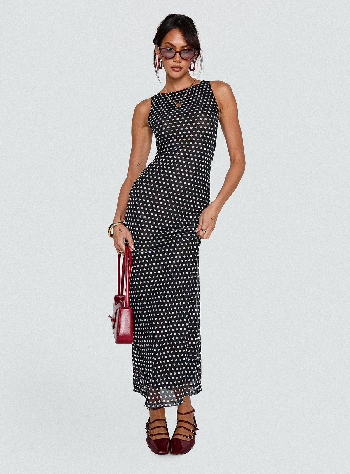 front view of model wearing Princess Polly Top Of Mind Maxi Dress Black Crew Neck 