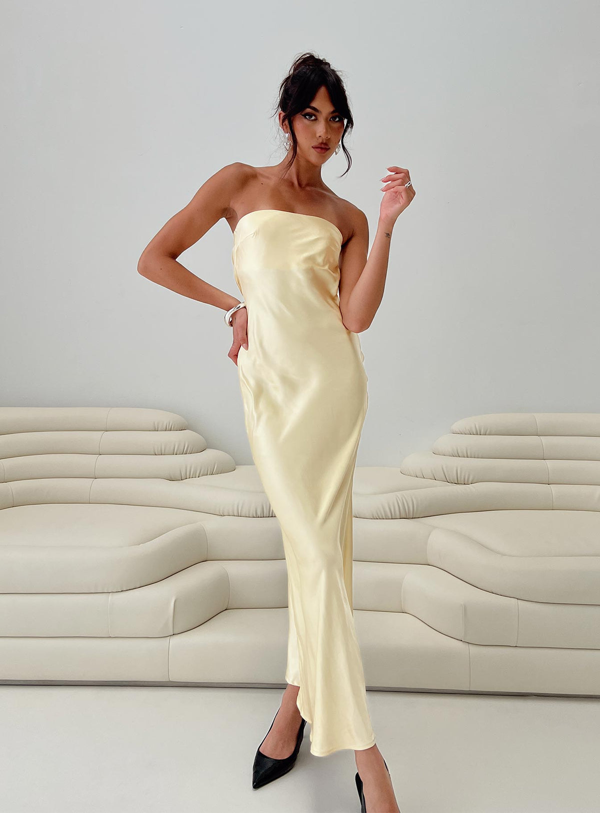 front view of model wearing Princess Polly Haley Maxi Dress Yellow Straight Neck 