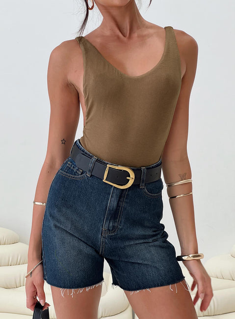 front view of model wearing Princess Polly Yolando Bodysuit Taupe Sleeveless Bodysuit 