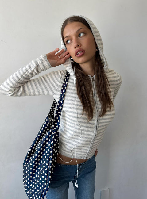 Discover the Superstars Zip Through Hoodie Grey / Cream Stripe womens-jumpers in short length front view of model wearing Princess Polly