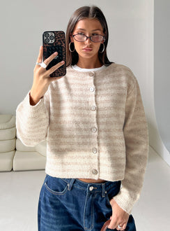 Featuring the Raynna Button Up Cardigan Beige Stripe womens jumpers in short length front view of model wearing Princess Polly