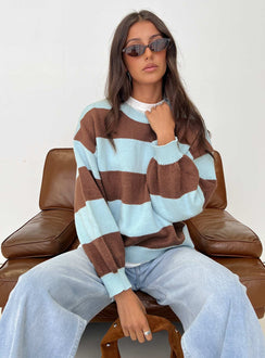 side view of model wearing Princess Polly Ardentia Crew Neck Knit Sweater Aqua Stripe Longline Jumpers Jumpers 