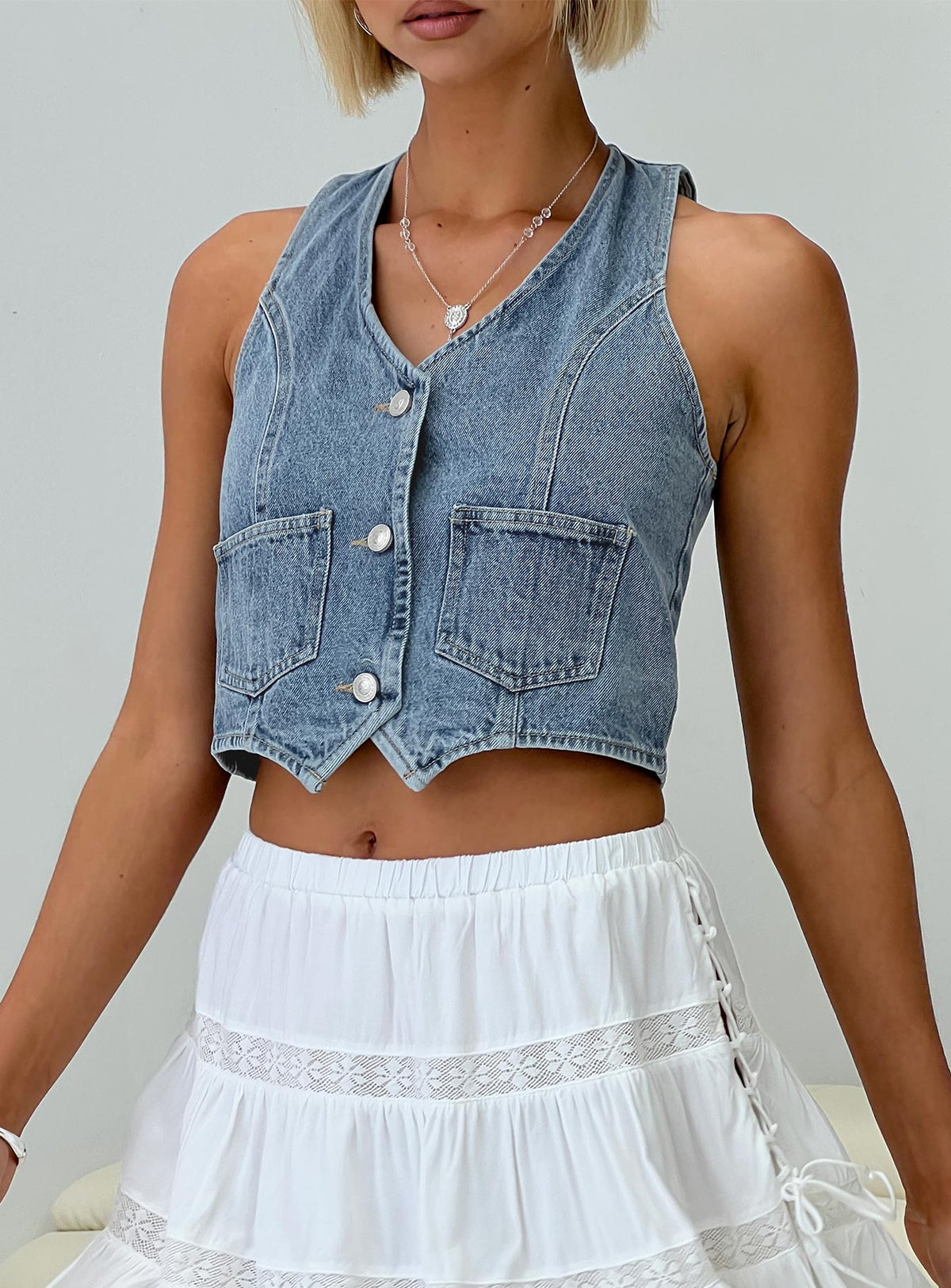 product Princess Polly Sleeveless Square Neck  Thayer Denim Vest Top Mid Blue
