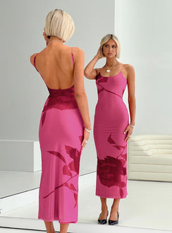 back view of model wearing Princess Polly Knox Maxi Dress Hot Pink Floral Scoop Neck 