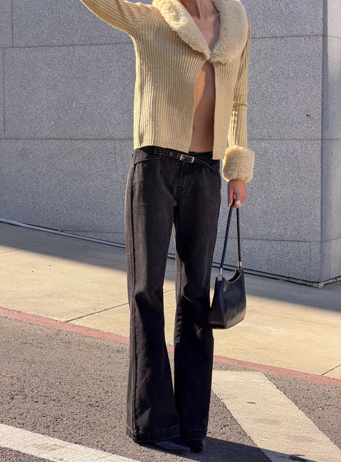 Slow Ride Mid Rise Bootleg Belted Jeans Washed Black