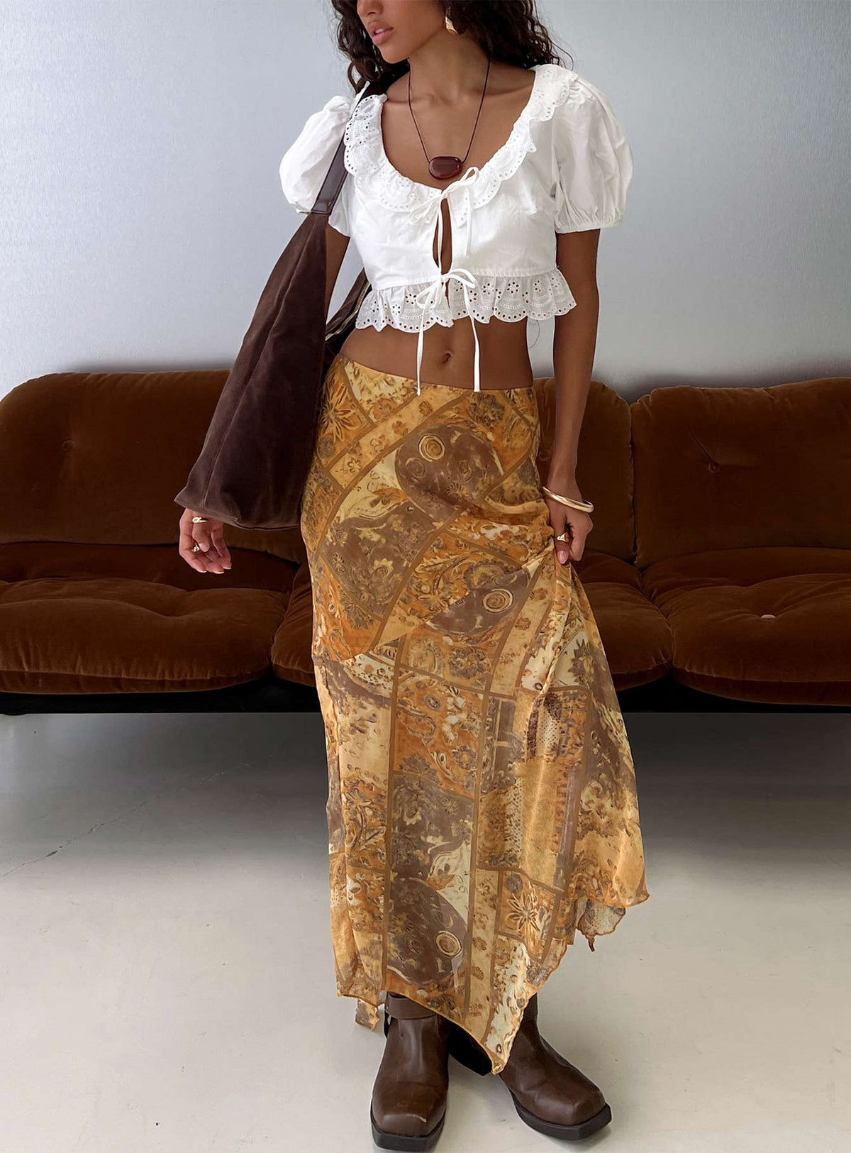   front view of model wearing Princess Polly Lyanna Hanky Hem Maxi Skirt Multi Maxi Skirts Skirts 