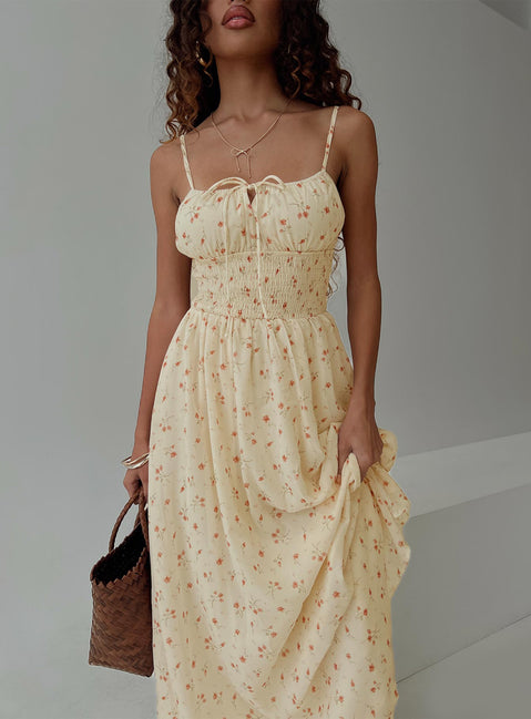 front view of model wearing Princess Polly Pearle Shirred Maxi Dress Cream Floral Square Neck 