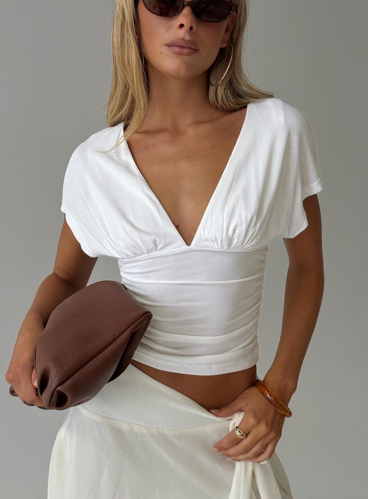 Mattey Cinched V Neck Top White