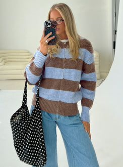 Featuring the Queena Zip Through Knit Sweater Blue Stripe in womens-jumpers with long fit front view of model wearing Princess Polly