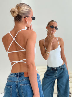 back view of model wearing Princess Polly All Tied Up Bodysuit White Sleeveless Bodysuit 