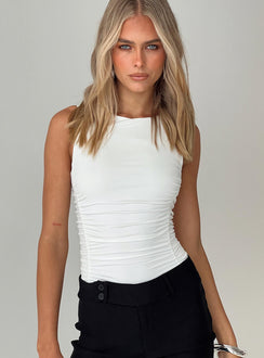 front view of model wearing Princess Polly Pizarro Bodysuit White Sleeveless Bodysuit 