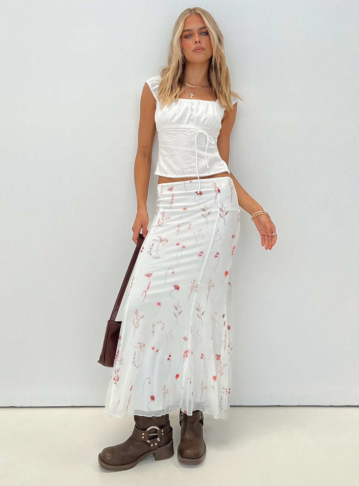   front view of model wearing Princess Polly Breezewood Maxi Skirt White Maxi Skirts Skirts 