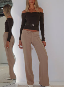 front view of model wearing Princess Polly Narratives Wrap Tie Trouser Pant Taupe Mid Rise Pants Pants 