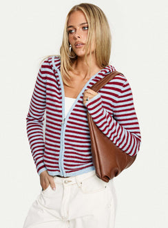 front view of model wearing Princess Polly Superstars Zip Through Hoodie Blue / Red Stripe cropped 
