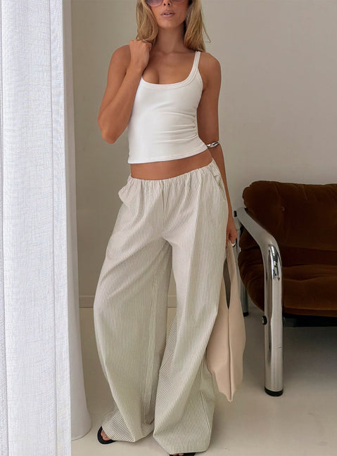 Explore the Lunea Concealed Waistband Pants Pinstripe in womens regular pants with mid-rise styling front view of model wearing Princess Polly