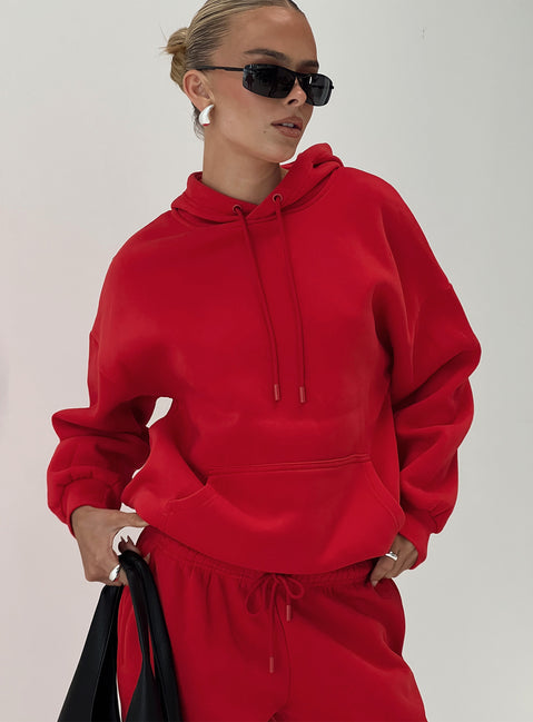 front view of model wearing Princess Polly Dream Fleece Classic Hoodie Red Longline Jumpers Jumpers 