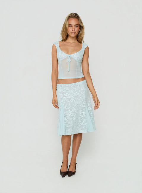 Showcasing the Quani Lace Midi Skirt Blue in womens-skirts with fitted aline silhouette front view of model wearing Princess Polly