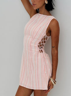 side view of model wearing Princess Polly Earlie Mini Dress Pink Stripe High Neck 