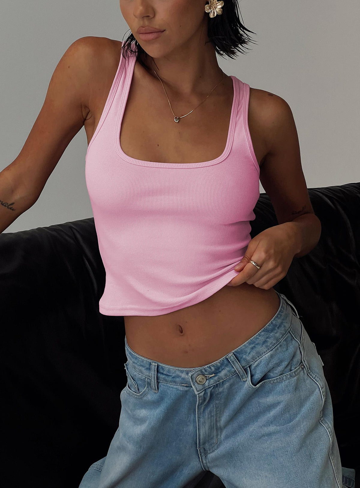 front view of model wearing Princess Polly Baseline Square Neck Rib Tank Top Pale Pink Sleeveless Scoop Neck 