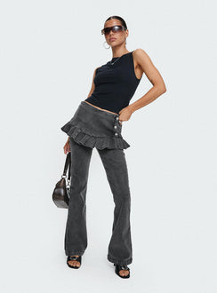 front view of model wearing Princess Polly Jordynne Layered Pant Washed Black High Rise Pants Pants 