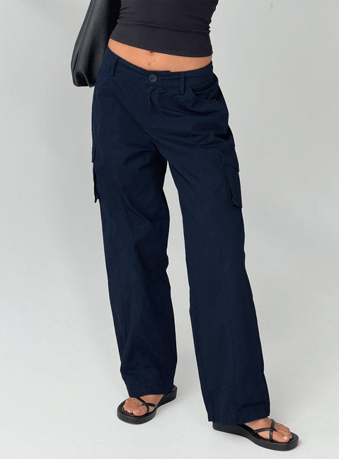 back view of model wearing Princess Polly Major General Cargo Pant Navy Low Rise Pants Pants 