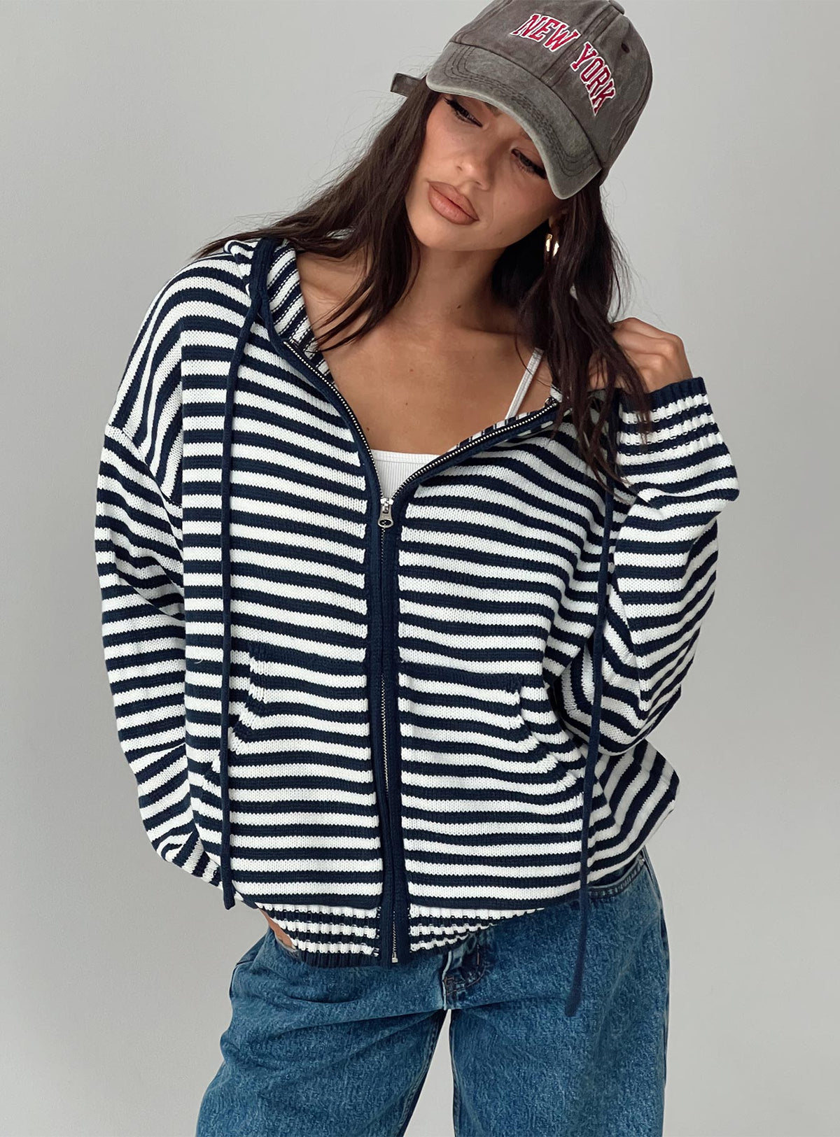 back view of model wearing Princess Polly Brienna Zip Jacket Navy Longline Jumpers Jumpers 