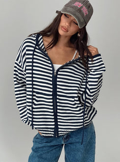 back view of model wearing Princess Polly Brienna Zip Jacket Navy Longline Jumpers Jumpers 