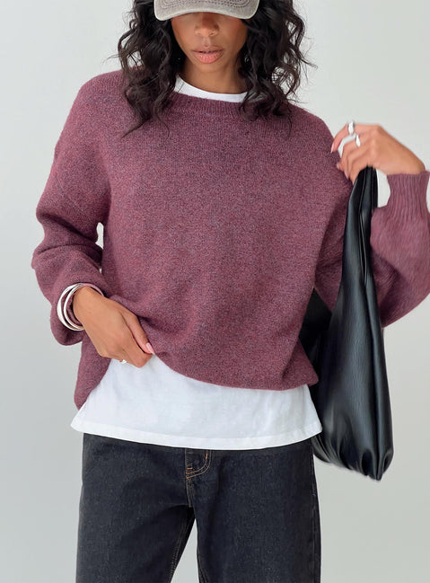 front view of model wearing Princess Polly Ryanna Sweater Burgundy Longline Jumpers Jumpers 